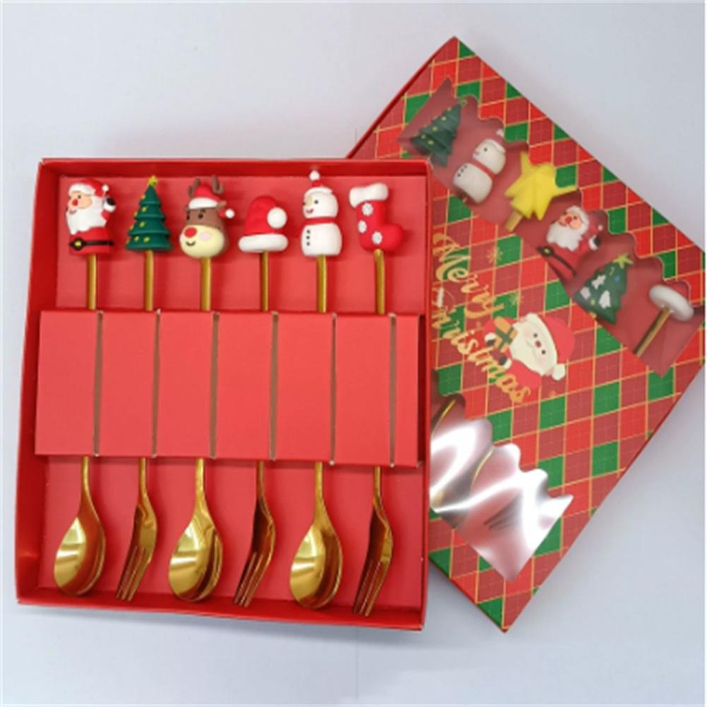 Xmas Tree Dessert Spoon Set Stainless Steel Holiday Coffee Spoon Fruit Fork Mini Cutlery Gift Christmas Present Party Favor