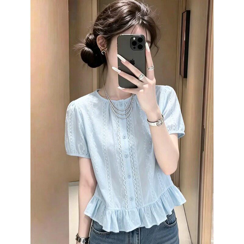 Mori Crew Neck White Short-sleeved Shirt Women's Summer Belly Cover Design Lace Lace Temperament Top A