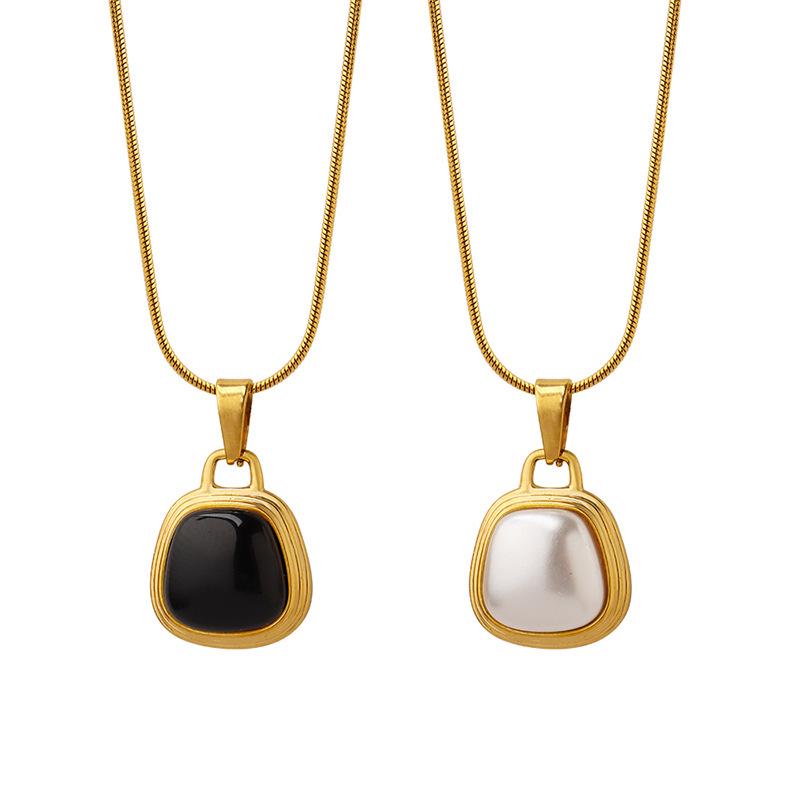 Elegant Black & White Faux Pearl Pendant Necklace for Women with Gold-Plated Titanium Steel Snake Chain
