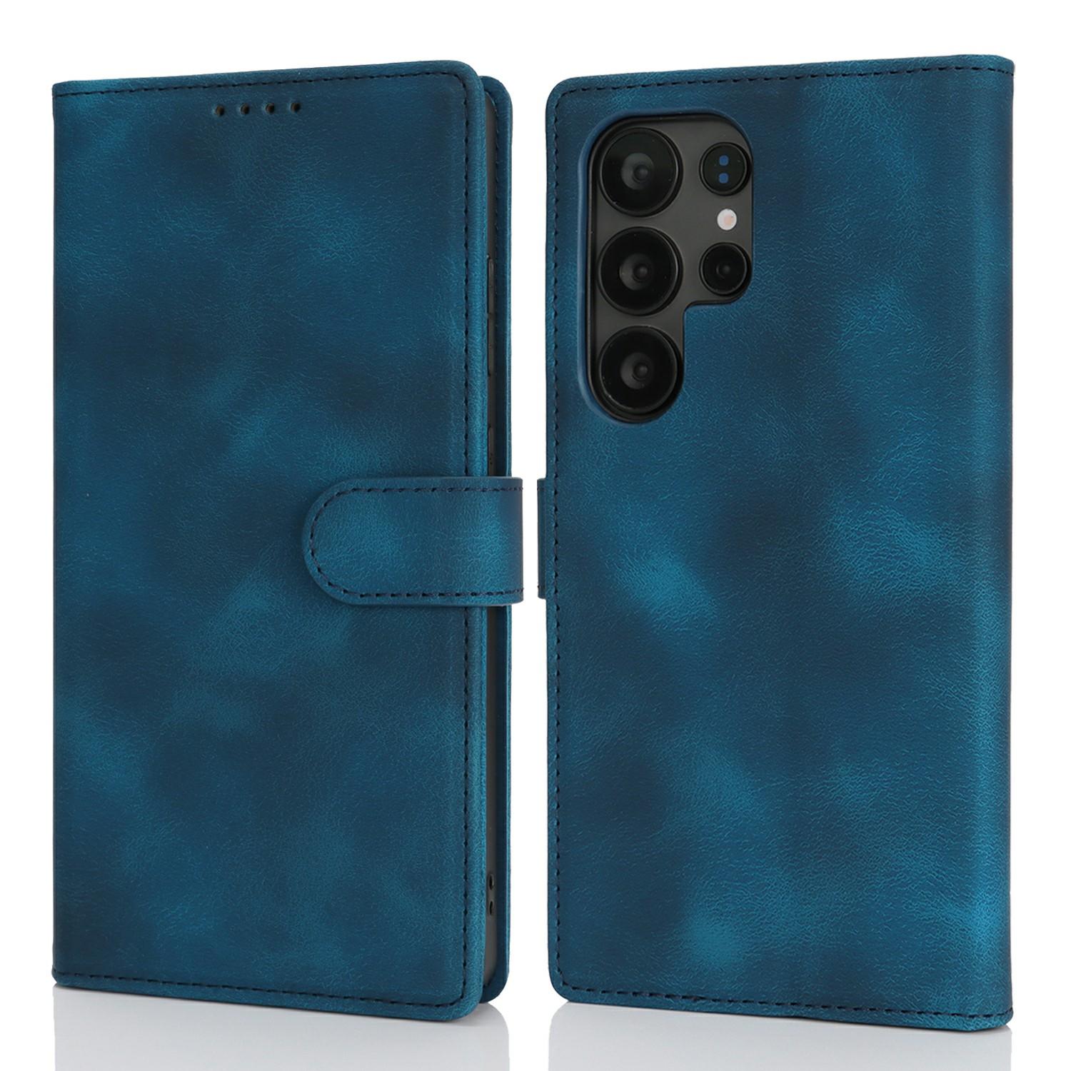 

For Samsung Galaxy S25 Ultra Wallet Case Double Folded Edge Skin Touch PU Leather Flip Phone Cover Blue