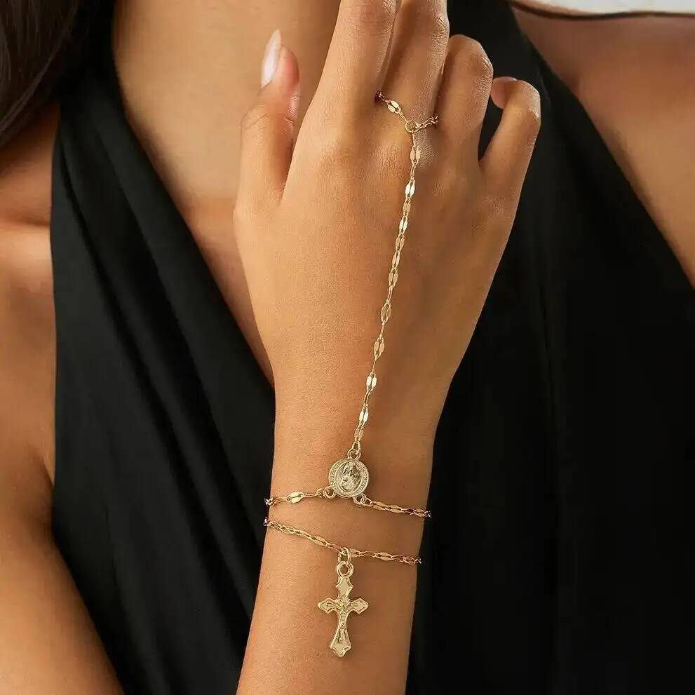 IngeSight.Z 2 Stück/Set Trend Kreuz Anhänger Fingerringe Kettenarmbänder Damen Boho Elegant Doppellagige Armreifen Charms Schmuck Geschenke