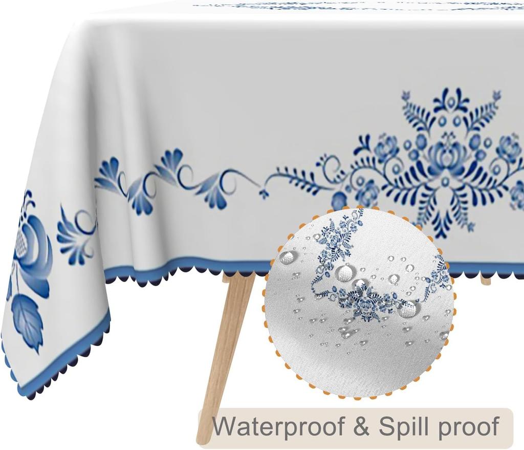 Blue Floral Rectangle Tablecloth Wedding Party Decor Reusable Blue White Porcelain Printed Tablecover Kitchen Dining Table Decor