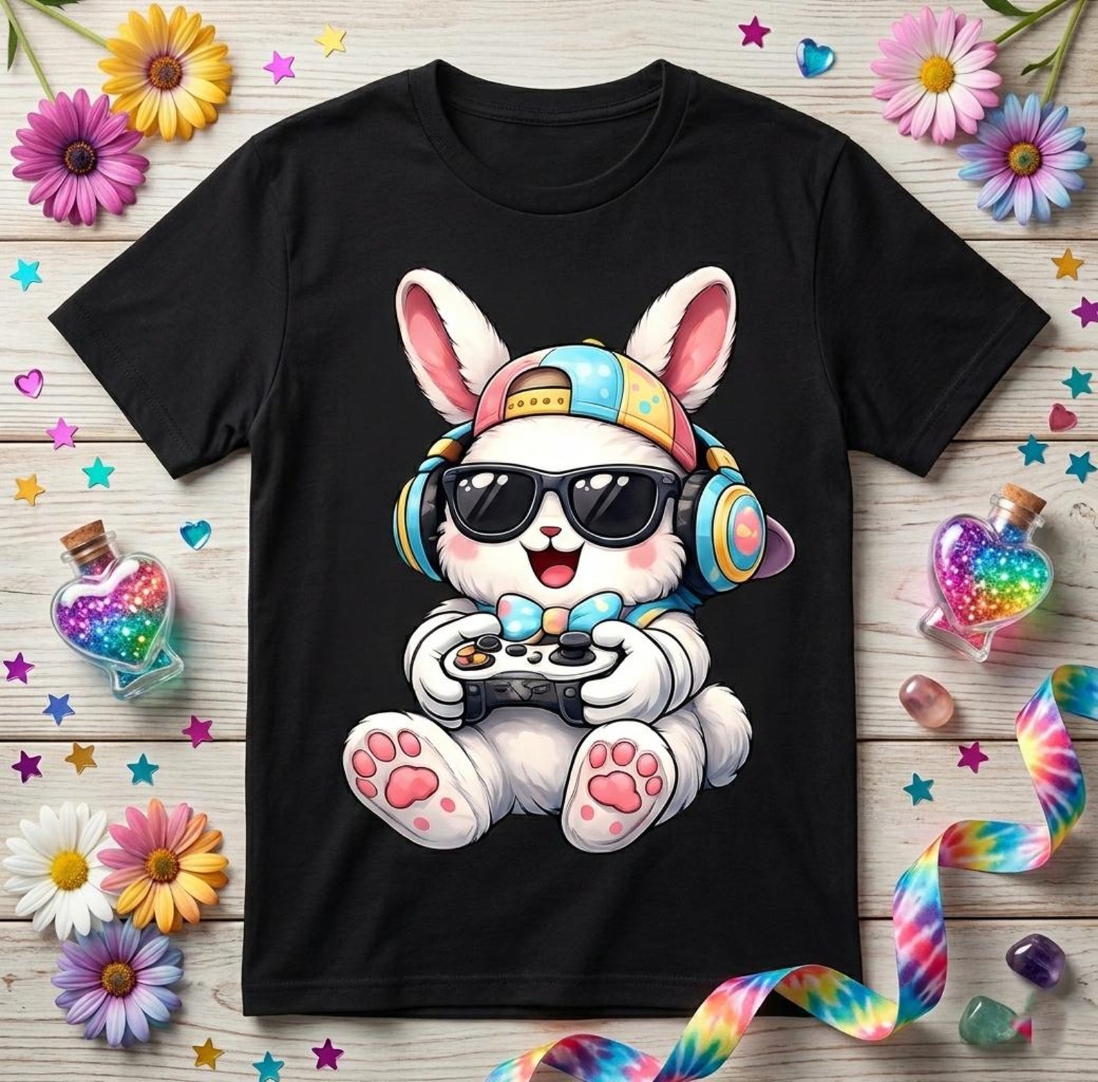 Gamer Bunny Easter T-Shirt, Funny Video Game Rabbit Tee 3XL