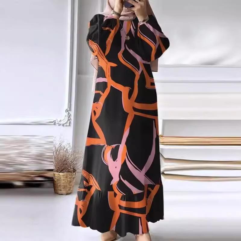 Retro Puff Sleeve Printed Ruffle Pocket Dress for Muslim Women - Middle East Spring & Autumn Long Robe