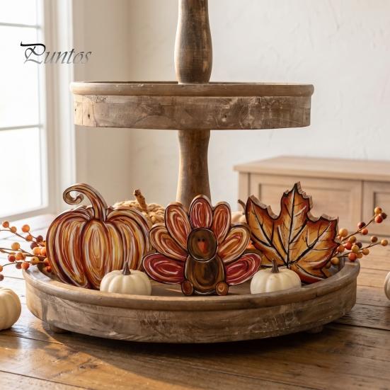 Thanksgiving Party Decor Accessories 3Pcs Wooden Block Signs, Fall Pumpkin Turkey Maple Leaf Tabletop Display Ornaments Decor, Farmhouse Tiered