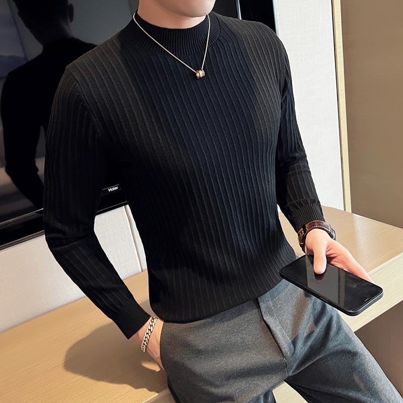Solid Color Men's Striped Knit Sweater British Style Slim Fit Half Turtleneck Men's Casual Sweaters All Match Long Sleeve Pullovers Man