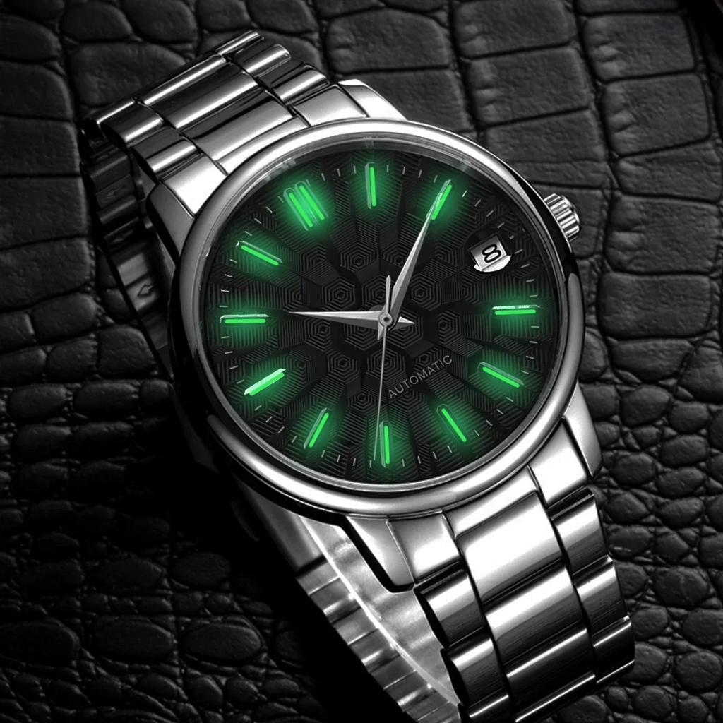 NH35 Watch Dial and Watch Hands 28.5mm Geometric Shapes Texture Dial Green Luminous Watch Accessories for NH35 NH36 Movement