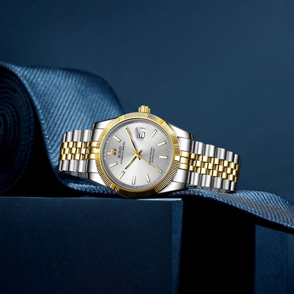BUREI Men's Automatic Mechanical Watch Simple Business Waterproof Gold Silver White Watch for Men Fashion Gift
