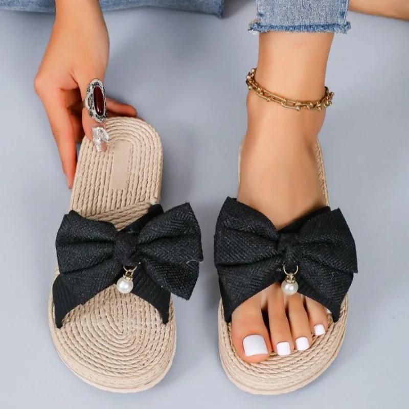 Fashion Women Slippers 2025 Summer New Fashion Bow Flat Shoes for Women Open Toed Casual Beach Flip Flop Female Zapatos De Mujer