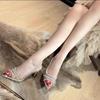 2025 New Spring Women Rhinestone Glitter High Heel Sandals Pointed Toe Transparent Slippers Natural Color Crystal Decor