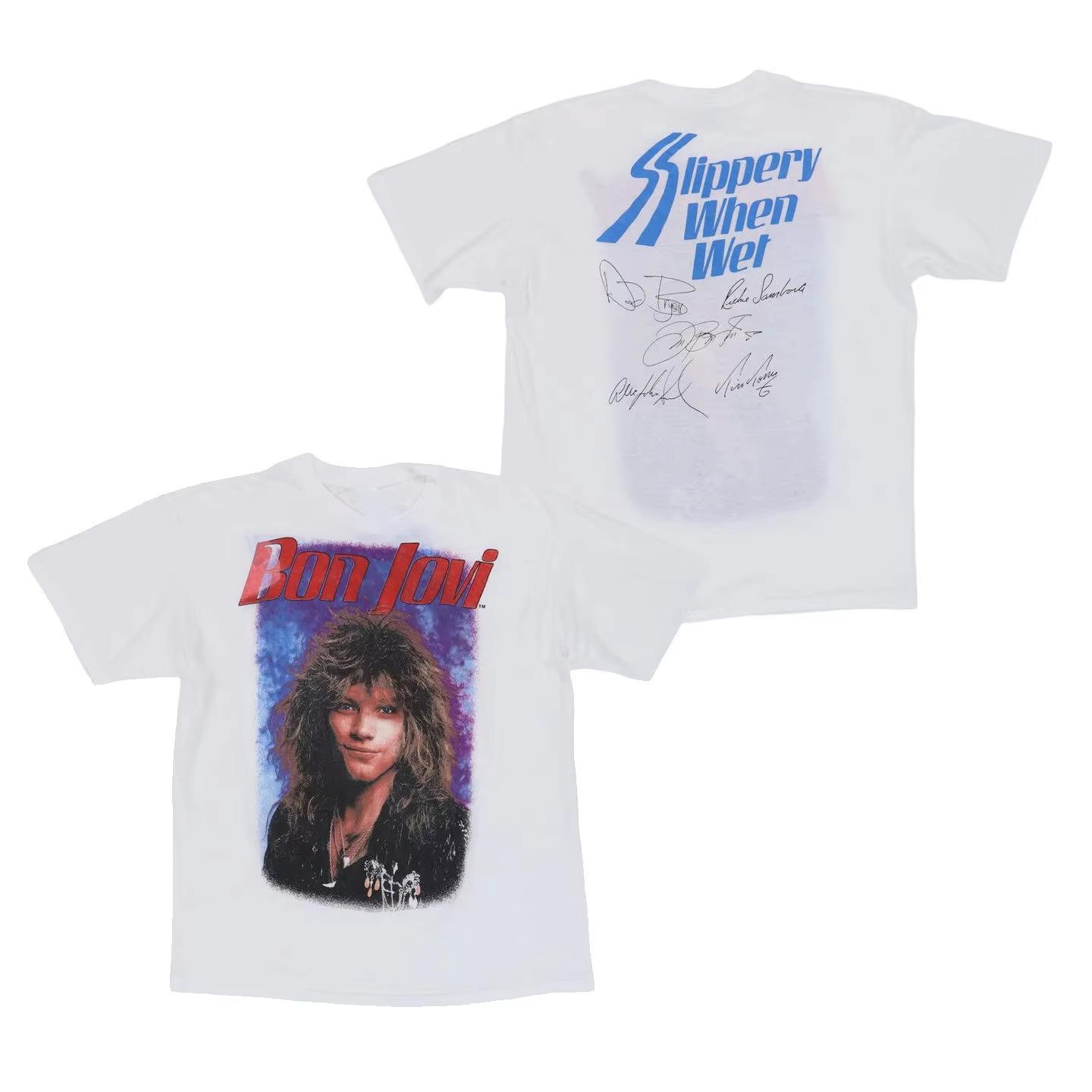 2026 Summer Fashion Trendy Tee Slippery When Wet Careful Slippery Rock Album Bon Jovi Rock T-shirt Gothic Cotton Oversized T-shirts 4XL
