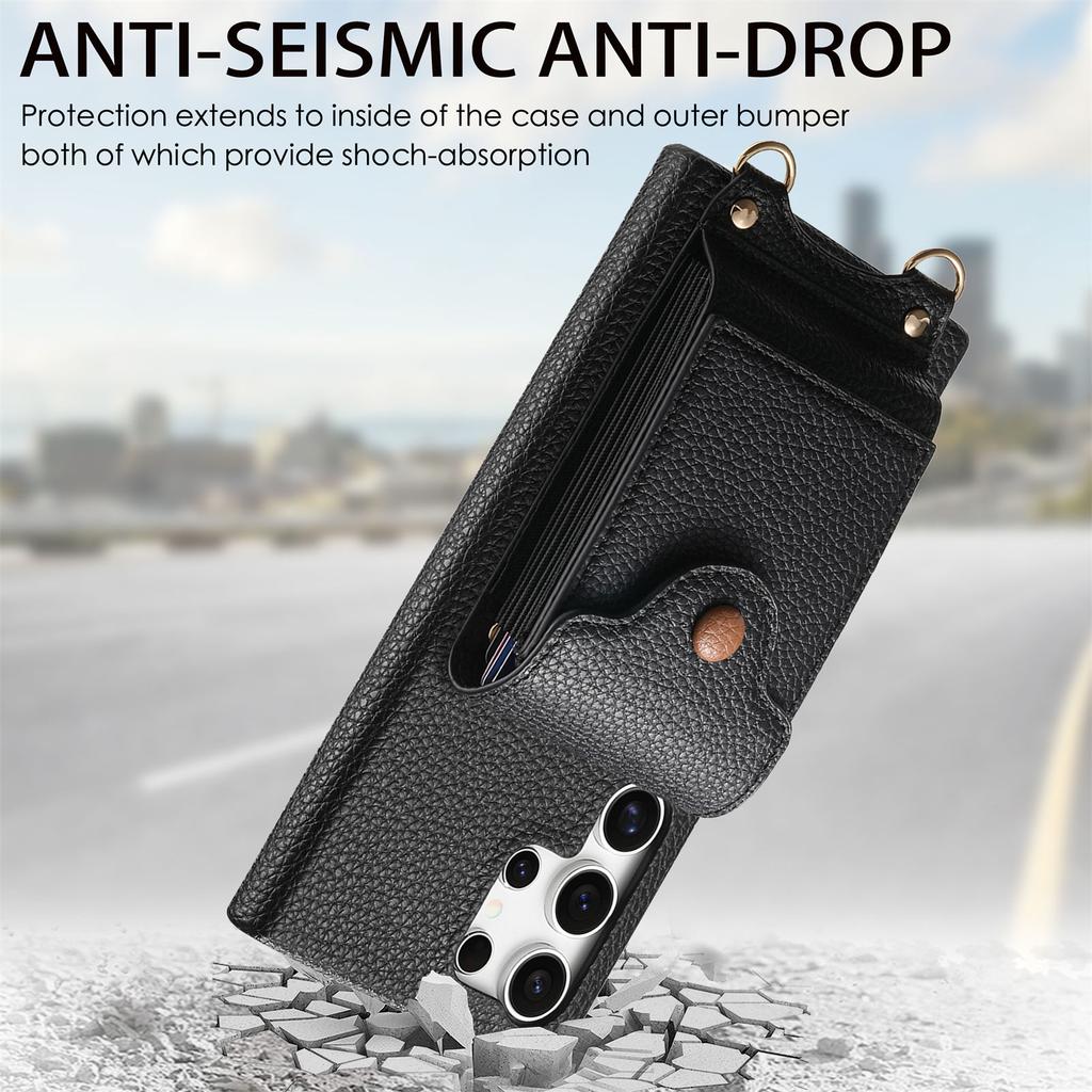 For Samsung Galaxy S25 Ultra Case Mirror Card Holder Litchi Texture Leather Phone Back Cover with Long Strap