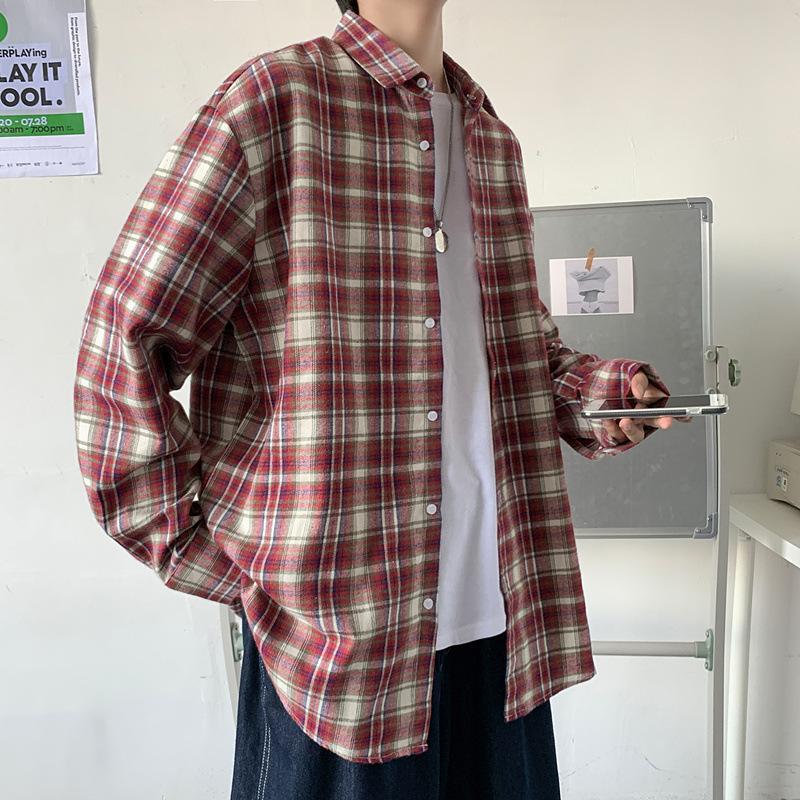 Spring Autumn Color Blocking Plaid Shirt Men's Casual Versatile Loose Lapel Shirt