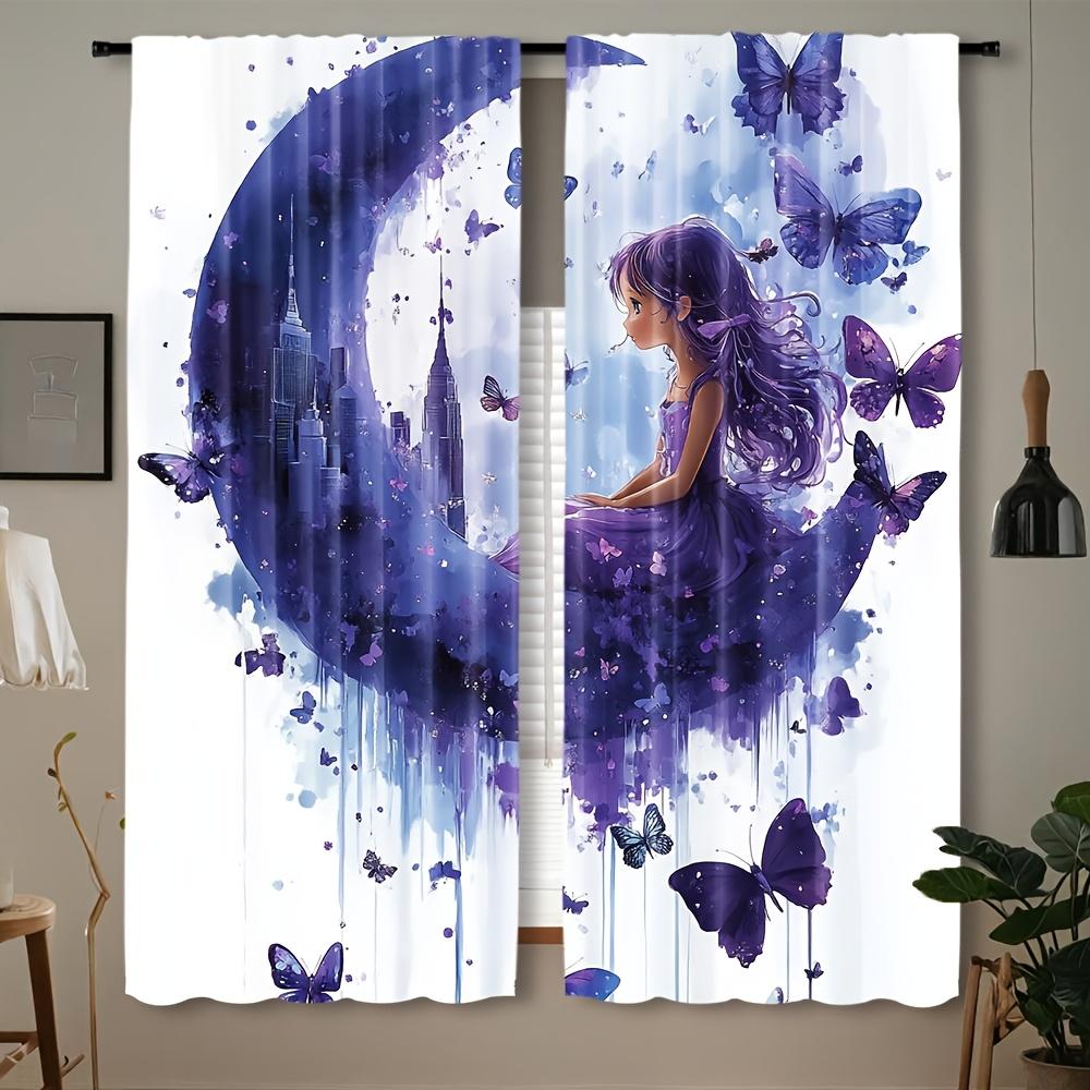 2pcs Princess on the Moon Curtains - Enchanting Night Sky Design with Full Moon, Butterflies & Castle, Easy Hang Rod Pocket, Mac 60×150cm