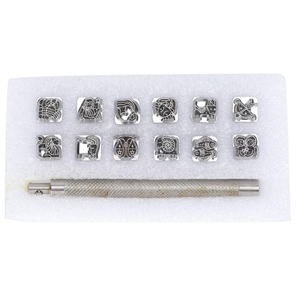 12Pcs Stamping Punch Tool Leather Craft Alloy Steel DIY Vegetable Leather Stamper 1Pc Handle(Twelve