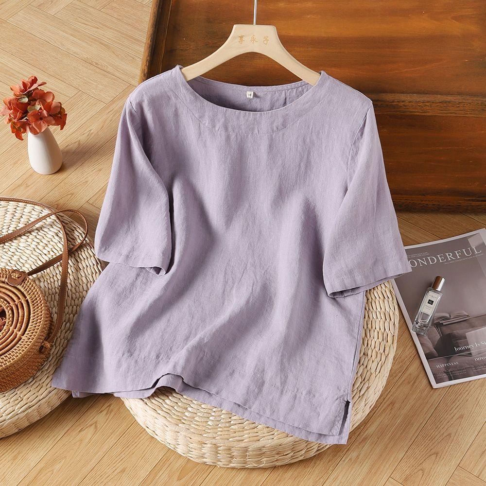 Plus Size Cotton Linen Short Sleeve T-Shirt Women's Retro Summer Loose Casual Shirt Crew Neck Tops