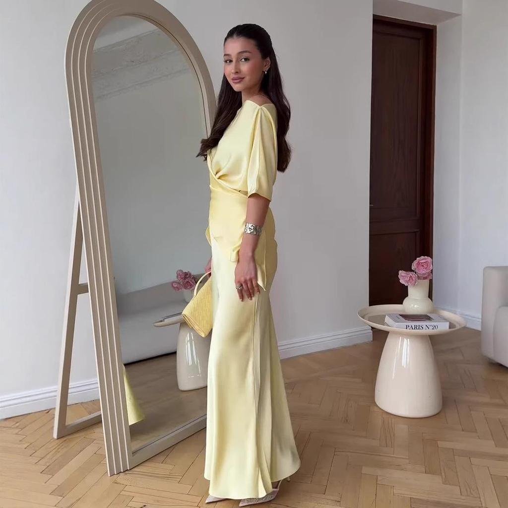 Moda donna elegante maniche corte piega spacco sposa damigelle d'onore matrimonio maxi abito lungo abiti da festa