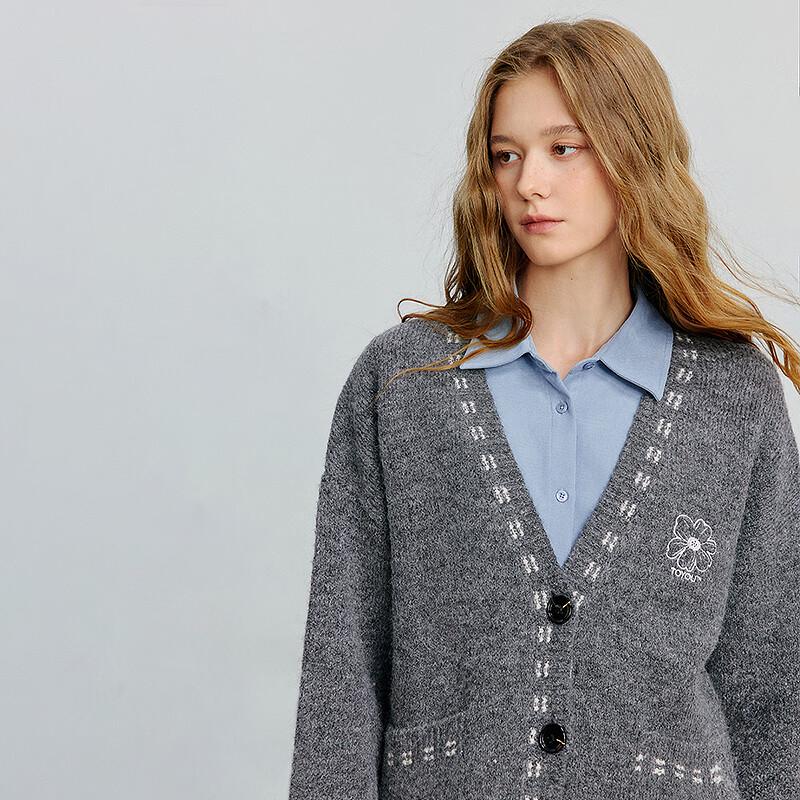 Chuyu Women's Loose Fit V-Neck Alpaca Blend Embroidered Cardigan