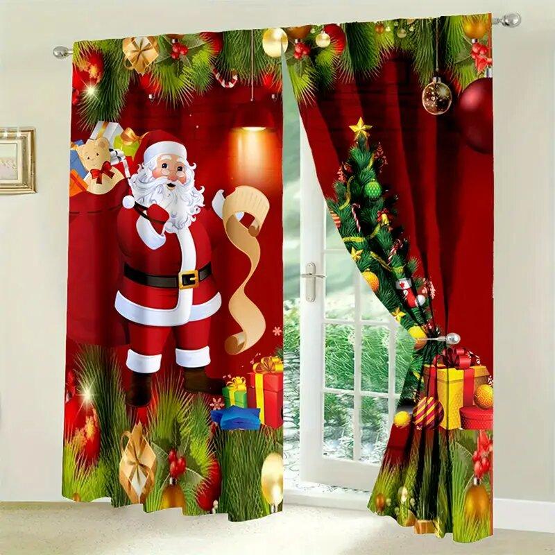 2 Pieces Christmas Window Curtain/set Santa And Tree Print Decorations for Home Room Decoration Christmas Thematic