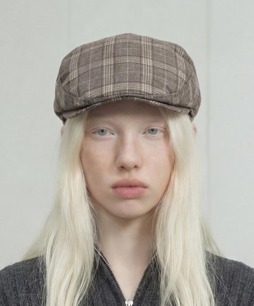 Eondeokeonteulolseutyudio Autumn Check Pattern Beret Drive Hunting / Check / Brush Grey