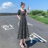 Summer 2025 Petite Black Floral Square Neck Dress - Slimming and High-End Fashion