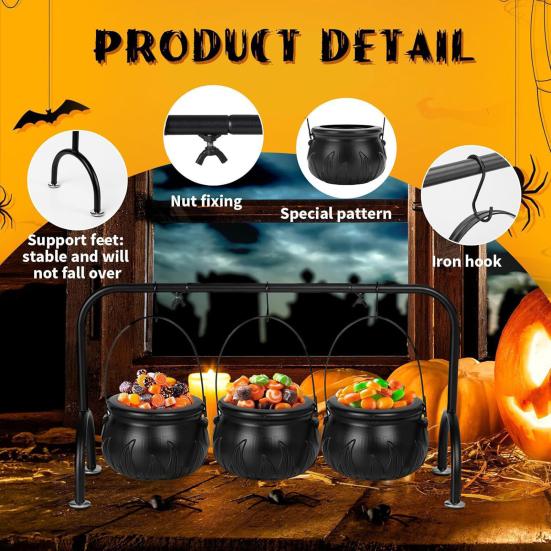 Yousheng Halloween Decoration Witches Cauldron Serving Bowls Set with Iron Rack Skeleton Hooks Plastic Candy Bowl for Indoor Outdoor Party Decorations