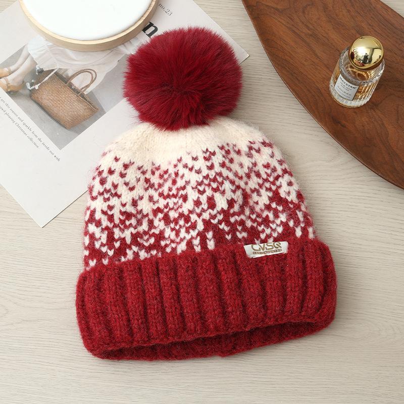 Korean Version of Autumn and Winter Hat for Women with Velvet Rabbit Wool Knitted Hat Wool Ball Cute Wool Hat Ear Protection Warm Pullover Hat