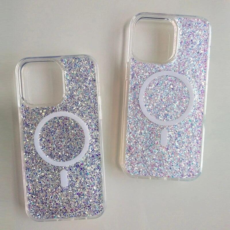 Clear Glitter Bling Magnetic Case for iPhone 14 13 12 Pro Max Plus Cover for MagSafe Wireless Charging Soft Silicone Cover Funda