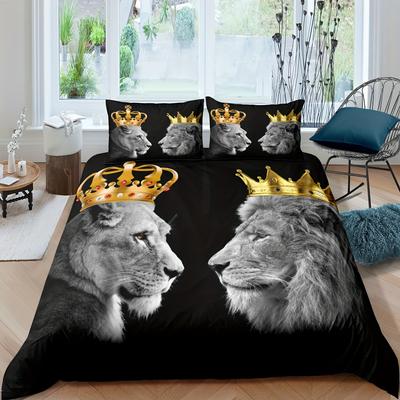 2/3-teiliges Luxuriöses Krone Löwenkönig und Königin Leopardenmuster Bettbezug-Set - Weiche, Lebendige und Langlebige Bettwäsche für Schlafzimmer Geschenk