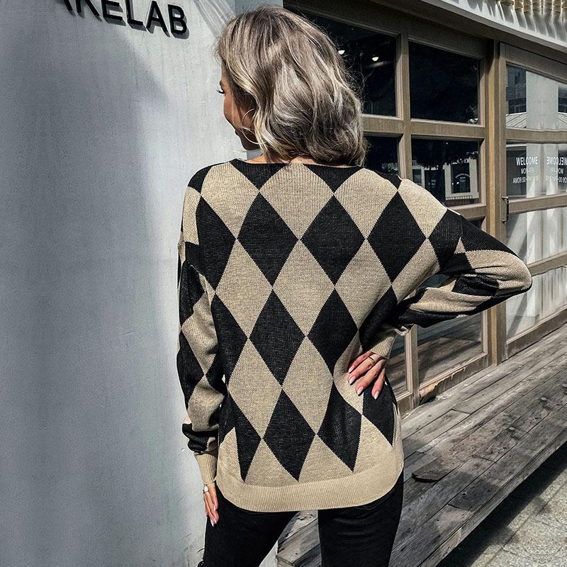 Vintage-Mode Elegante Casual Herbst frauen Langarm Diamant Pullover
