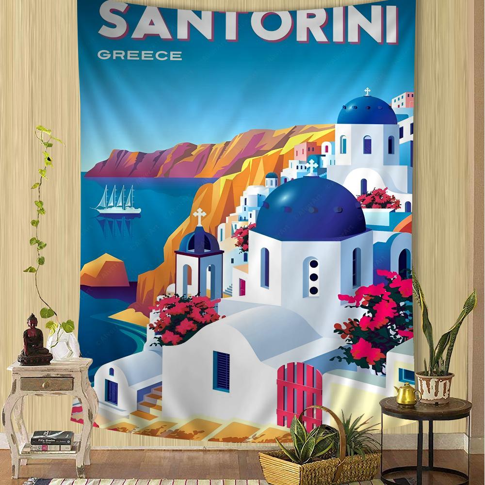 Landscape Nordic Barcelona Santorini Positano Colorful Tapestry Wall Hanging Hanging Tarot Hippie Wall Rugs Dorm Wall Art Decor
