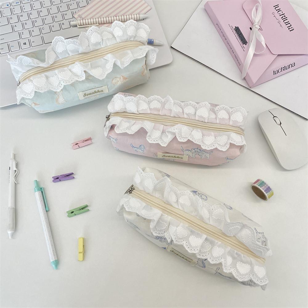 Cat Themed Pencil Case Large Capacity Organizer With Lace Print For Students And Office Use
