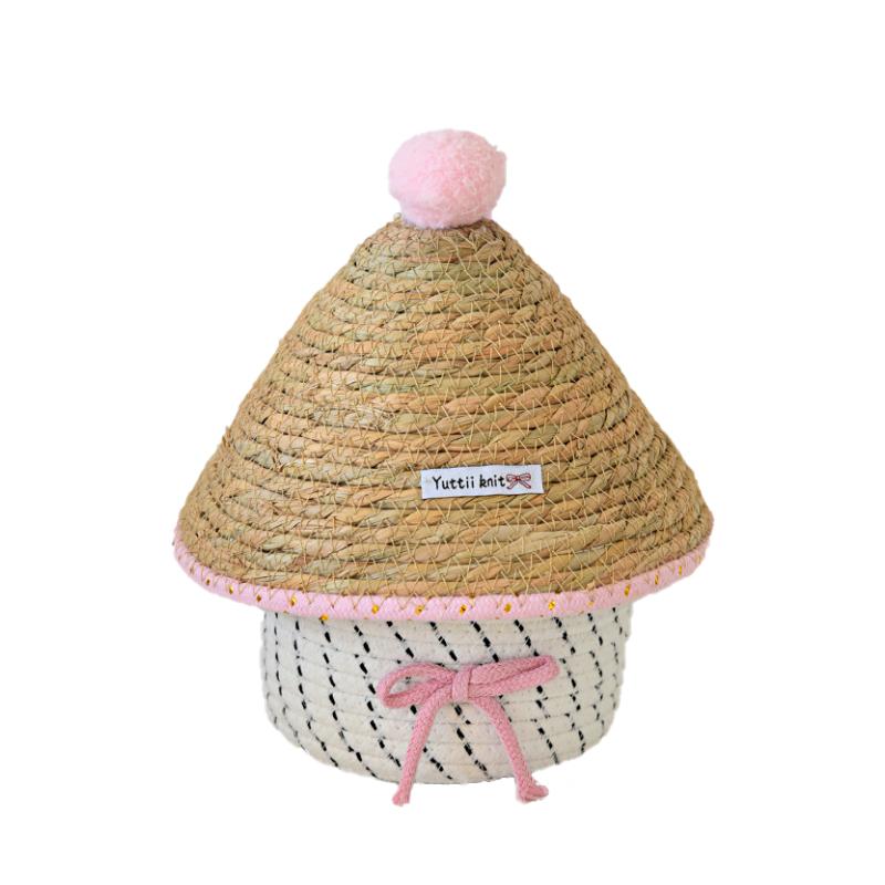 1Pc With Lid Practical Grass Weaving Delicate Desktop Storage Fashion Bow Storage Box Cotton Thread