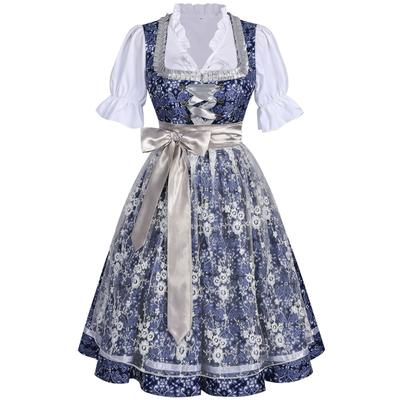 Ujjatlan, vintage stílusú Dirndl ruha fűzős elejével és virágmintával, Hagyományos Oktoberfest jelmezruha nőknek