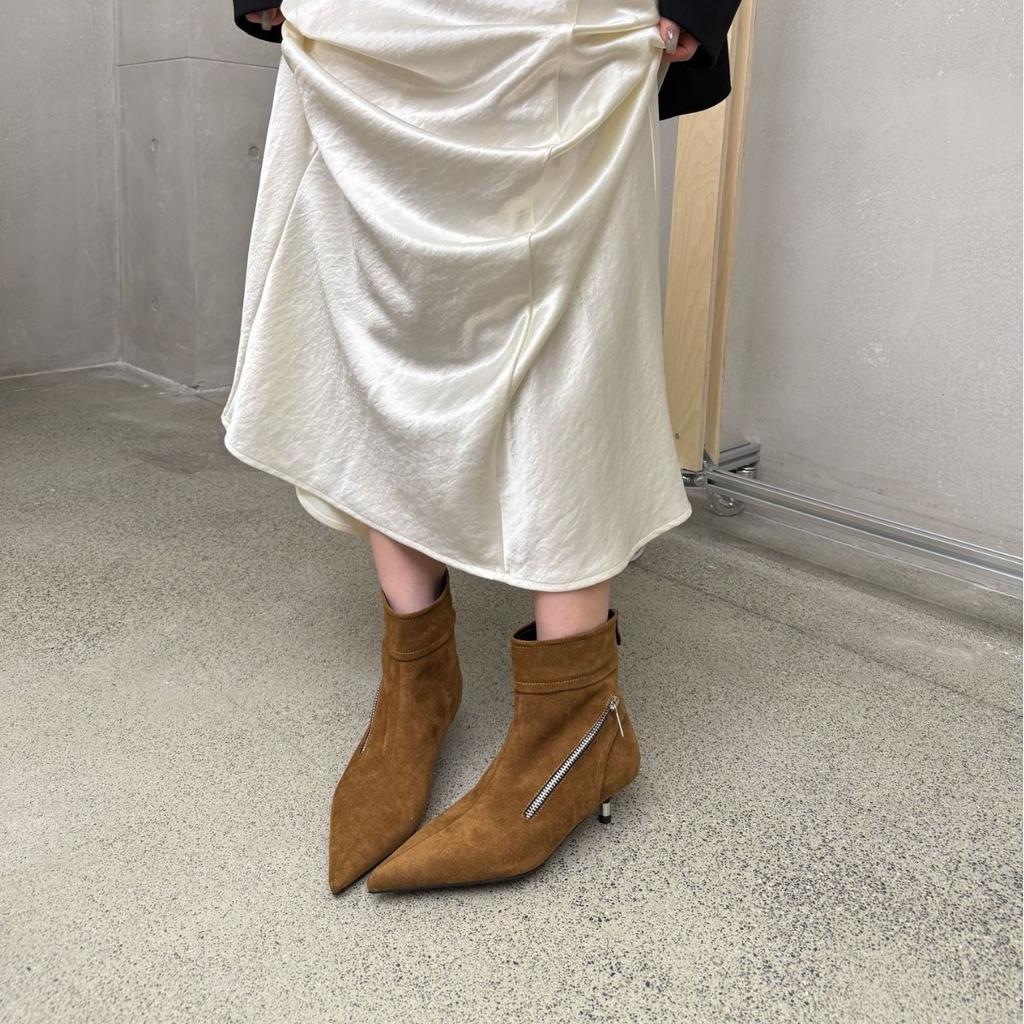 2025 New Internet Celebrity Thin Heel Spring and Autumn Single Boots High Heel Elastic Thin Boots Pointed Suede Kitten and Short Boots Women