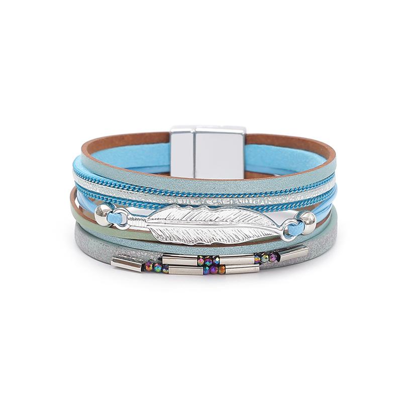 Bohemian Style Multi-layer PU Leather Bracelet Women's Leaf Magnet Buckle Jewelry Accessories