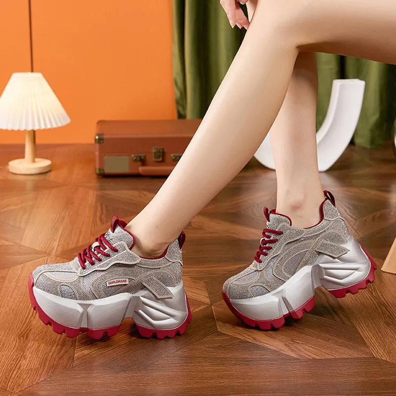 Fashion High Quality 11CM Microfiber Leather 2025 Spring Shoes Ankle Booties Women Vulcanize Chunky Sneakers Platform Wedge Bling Autumn