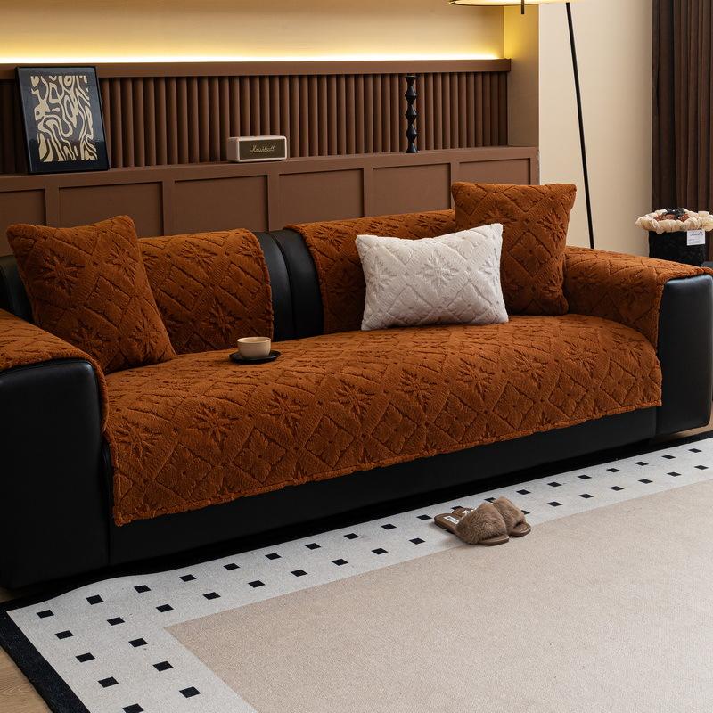 Retro High-End Straight Row Sofa Cushion Autumn And Winter Plush Leather Sofa Special Seat Cushion Fixed Non-Slip Cover Cover Cloth