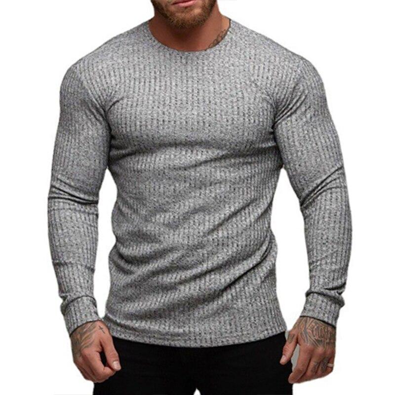 Muscleguys Fashion Autumn Plain Colour Long Sleeved Men's Round Neck Thin Knit Shirt Casual Fitness Clothes
