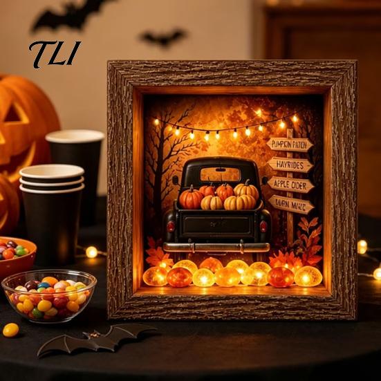 Tabletop Home Accent DIY Lighted Halloween Ghost Shadow Box Kit, Wooden Frame LED Warm Light, Gothic Crystal Glass Display Case Memory with