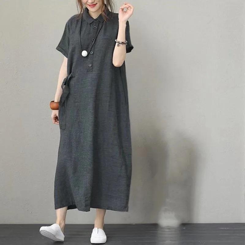 IHUASU Fashion Summer Spring Solid Color Print Short Sleeve POLO Neck Casual Dresses