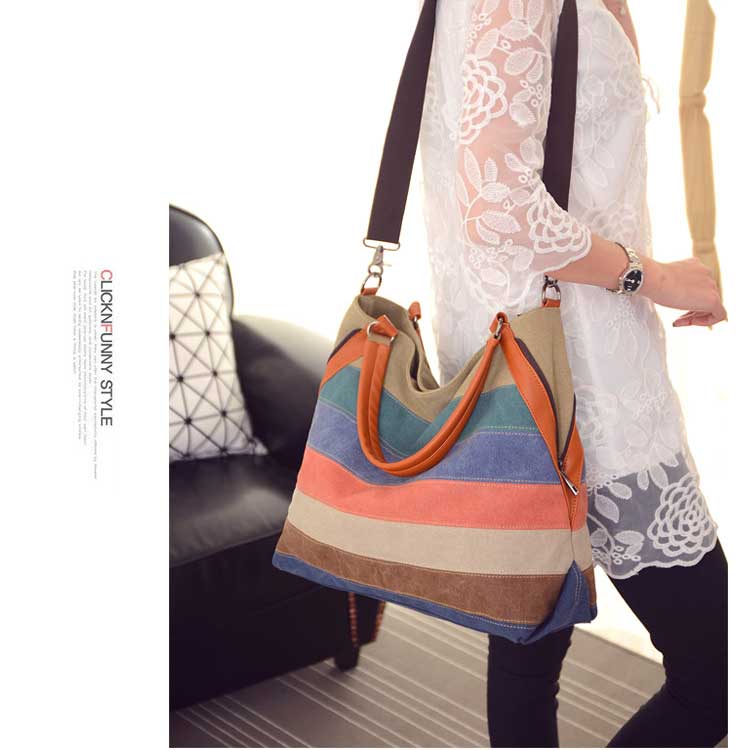 Canvas Shoulder Bag Ladies Handbag Contrast Color Bag Striped Fashion Retro Large-capacity One-shoulder Messenger Bag
