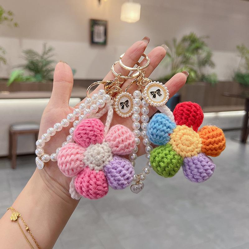 Handmade Crochet Flower Keychain Set, Colorful Knit Flower Bag Charm with Pearl Strap,Crochet Flower Keychain, Pearl Strap Charm