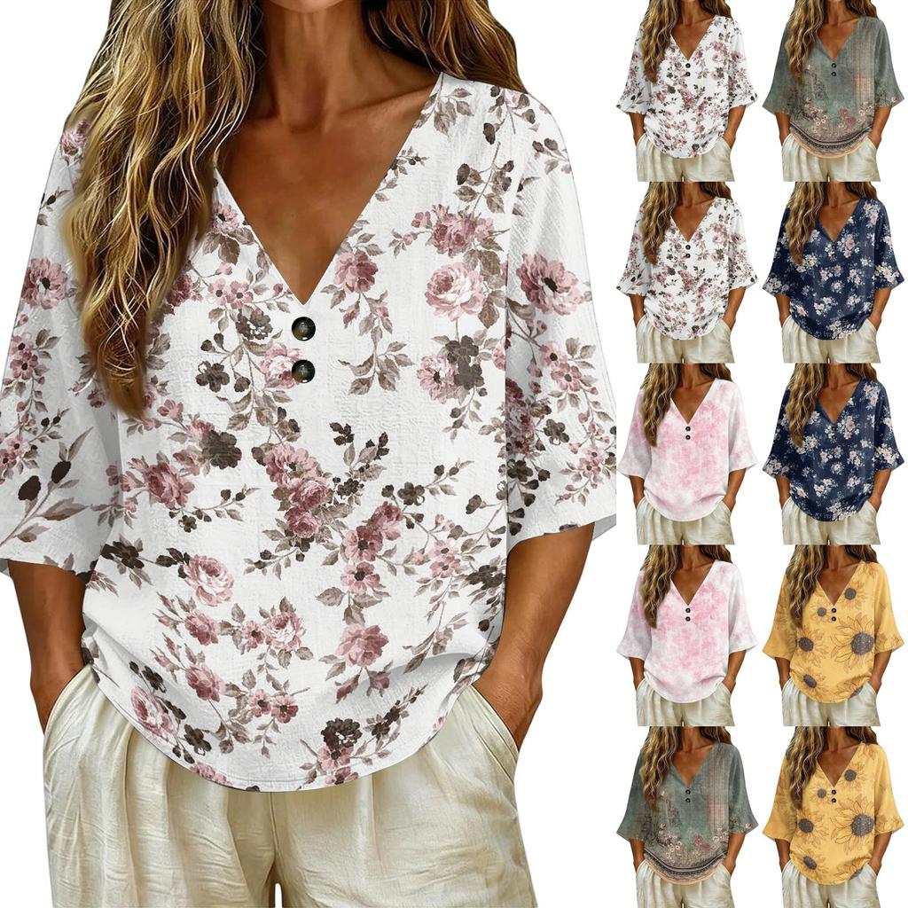 Women V Neck Vintage Floral Print Loose Fit Short Sleeve Blouse Linen Blend Casual Top for Everyday Wear Summer Spring