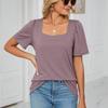T-shirt d'été à manches courtes et col carré pour femme, couleur unie, ample