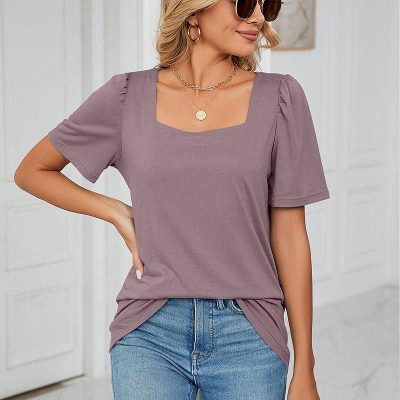 T-shirt d'été à manches courtes et col carré pour femme, couleur unie, ample