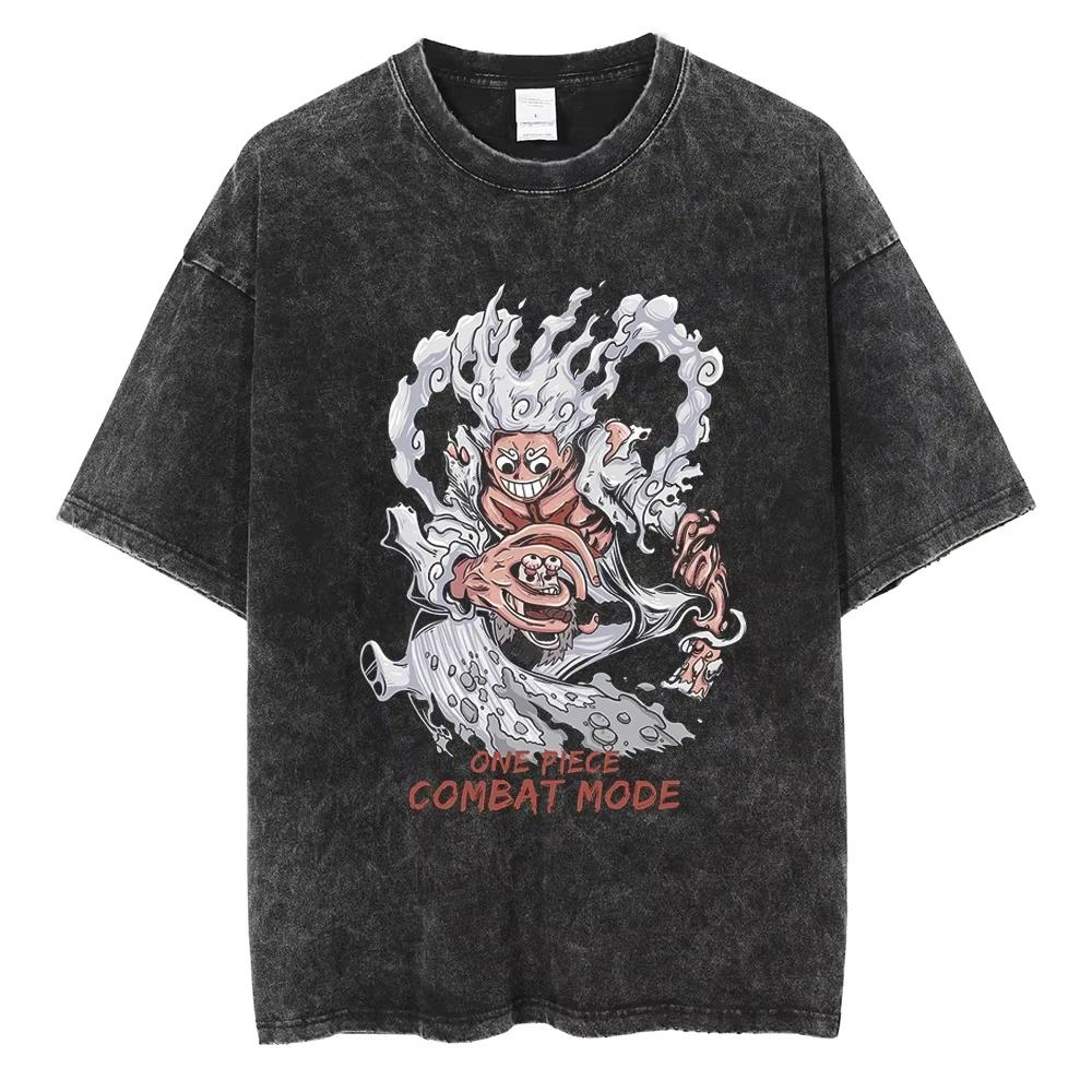 Nika Luffy Gear 5 ONE PIECE Anime Harajuku Retro Washed T-shirt Cotton Men Streetwear Oversized Women Short Sleeves
