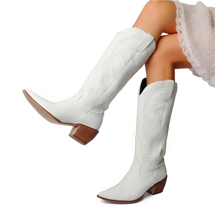 FOREADA Women Knee High Cowboy Long Boots Pointed Toe Chunky High Heels Embroidery Wester Gogo Boots Ladies Fashion Shoes Winter Red