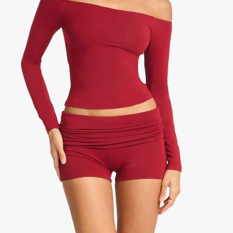 

CSB Same Style Sexy Long-Sleeved Top off-Shoulder with Chest Pad Fitness Sports T Wine red shorts L