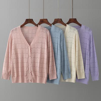 Summer Women Thin Ice Silk Knitted Cardigan Chic V-Neck Single-breasted Long Sleeve Femme Knitwear Tops Hollow Design Sunscreen Cardigan